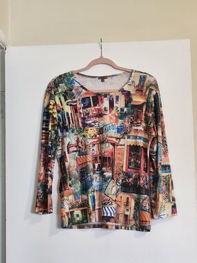 Colorful Scenic Print Y2K Long Sleeve Top Size L